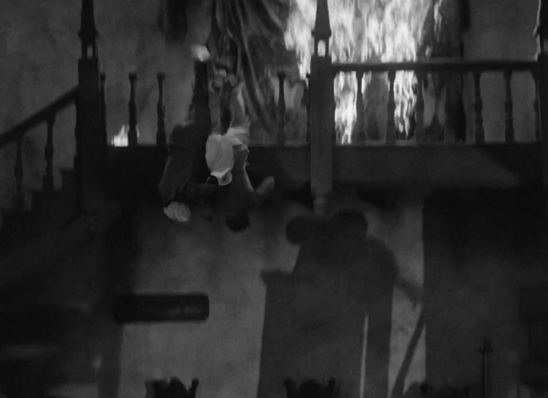 Two characters falling off a balcony