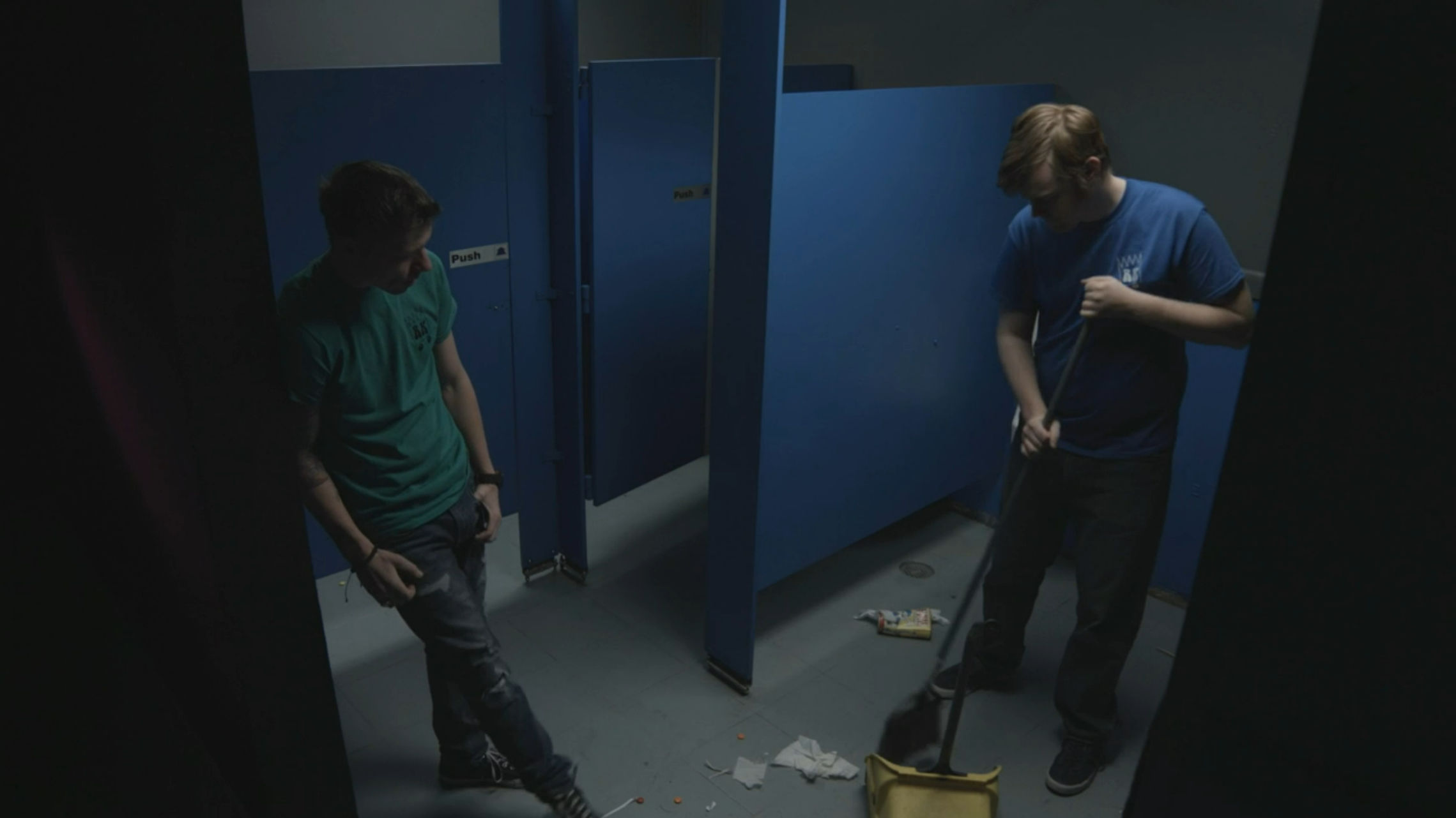 The dudes begrudgingly cleaning the men's bathroom