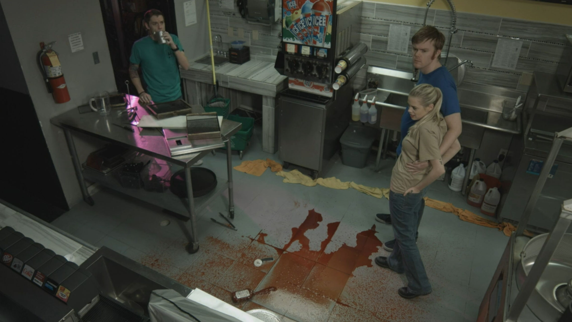 The characters observe blood on the floor... and nobody cares